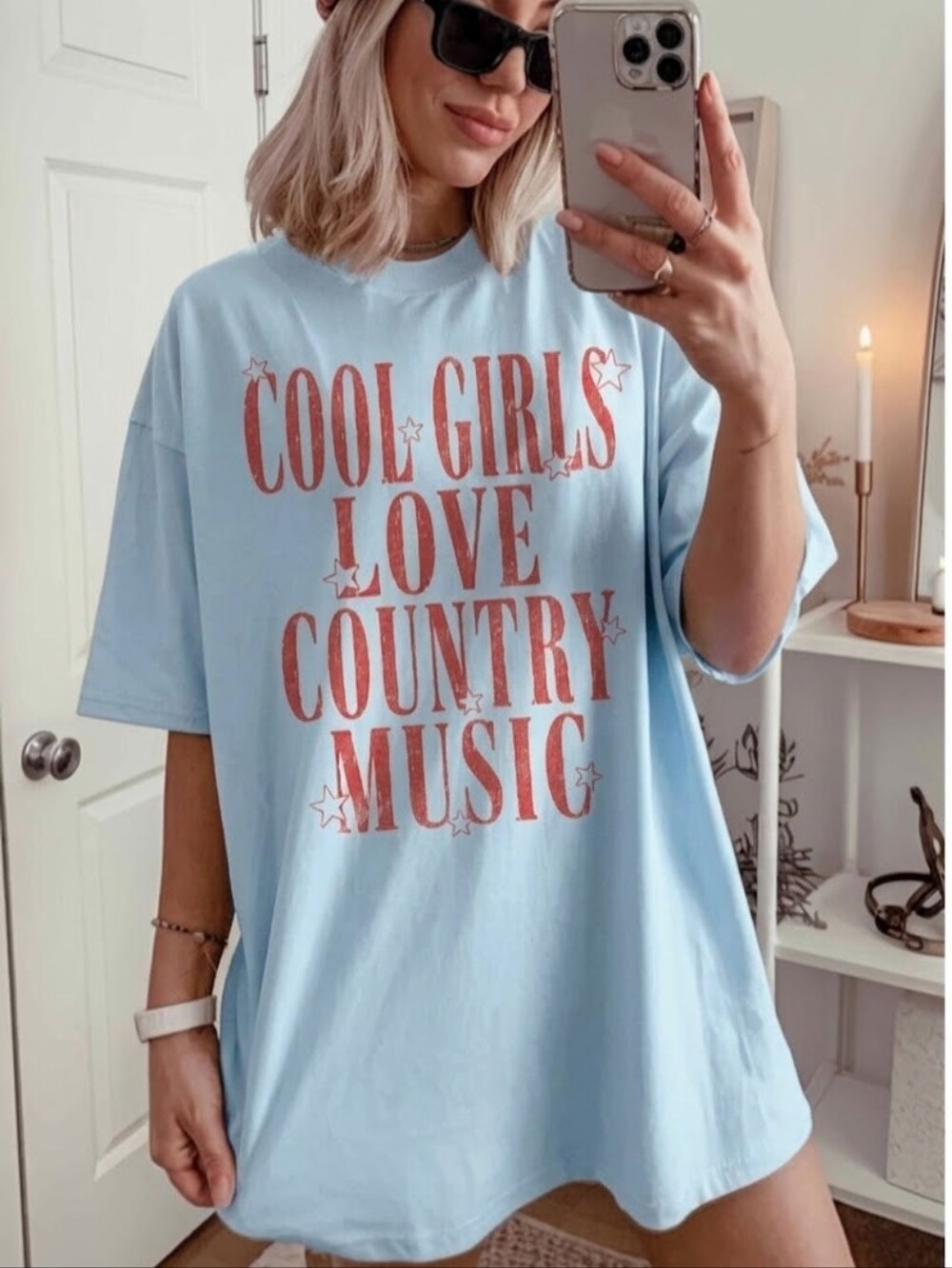 323 | Cool Girls Love Country Music Oversized Graphic Tee - Baby Blue